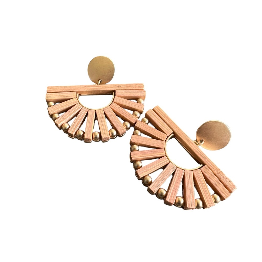 Boho Peach Wood and Rose Gold Fan Earrings